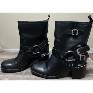 DKNY Nolan Harness Boots Black‎ Moto Western Buckle Block Heel - See Description